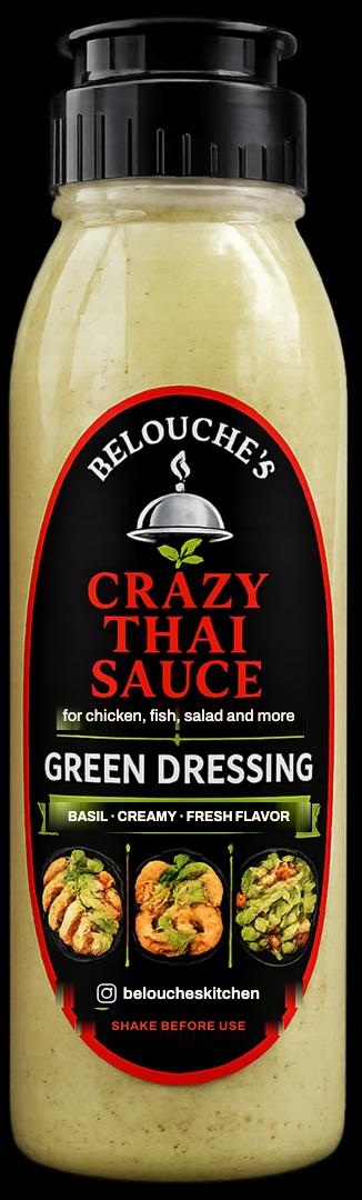 Belouche's Crazy Thai Sauce, Green Dressing — squeeze bottle with a black oval label.
