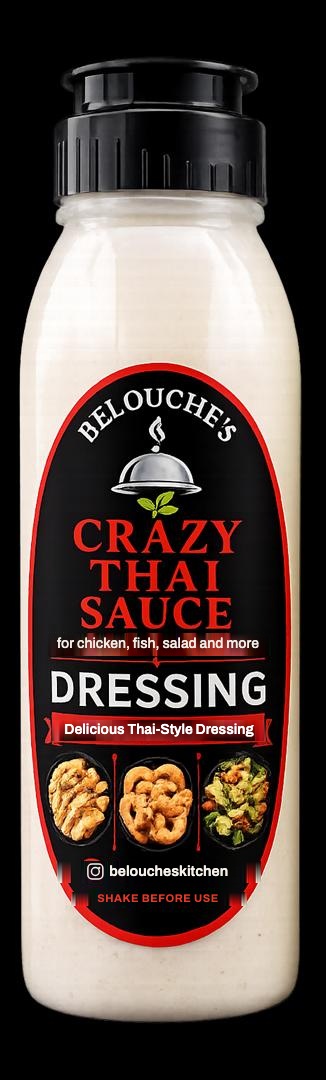 Belouche's Crazy Thai Sauce, Original Dressing — squeeze bottle with a black oval label.