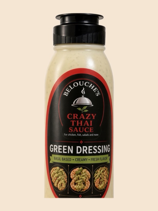 Belouche's Crazy Thai Green Dressing in a squeeze bottle