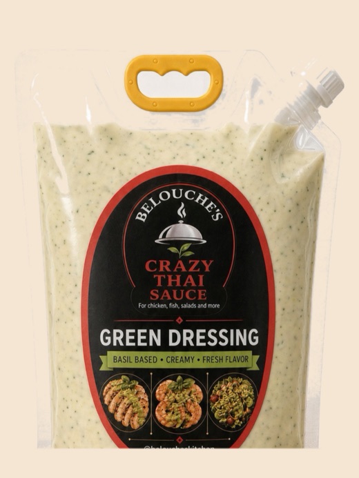 Belouche's Crazy Thai Green Dressing in a large pouch with a carry handle