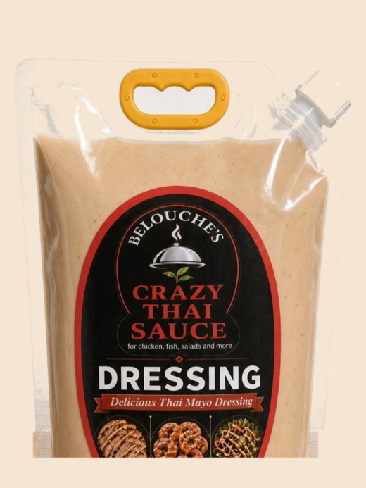Belouche's Crazy Thai Original Dressing in a large pouch with a carry handle