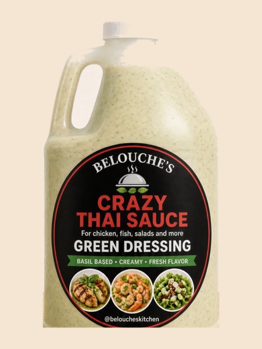Belouche's Crazy Thai Green Dressing in a large jug with a carry handle